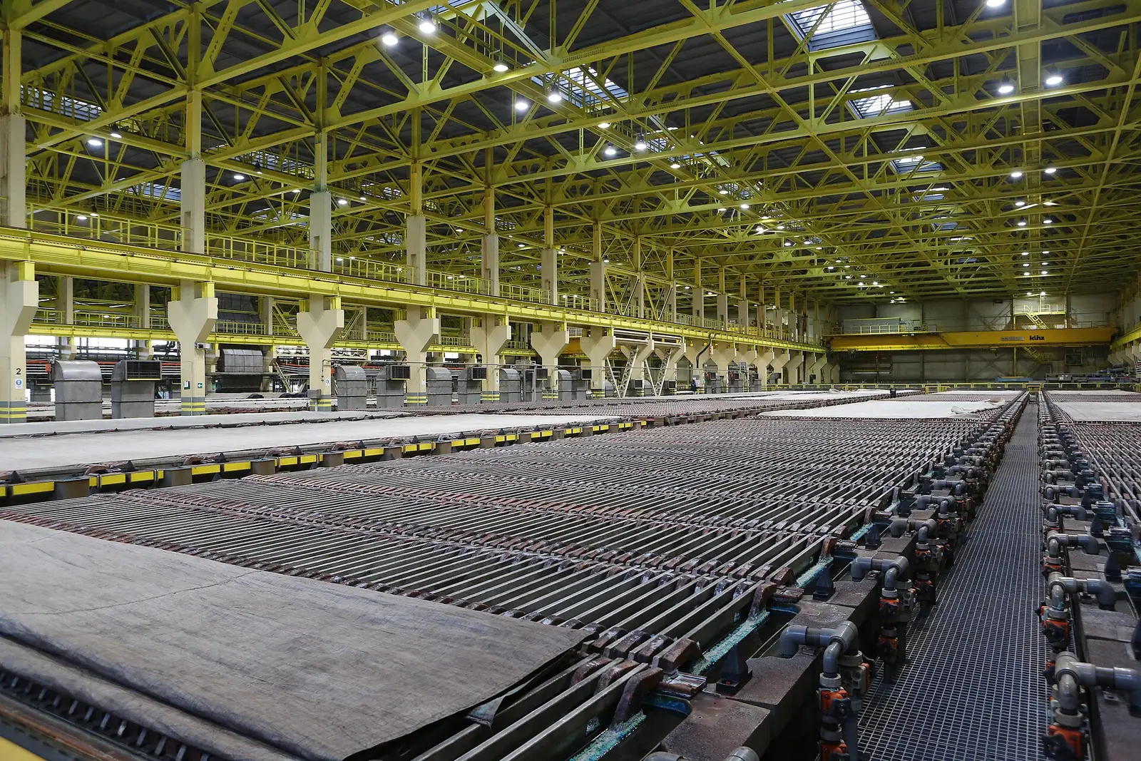 Rows of electrolytic cells in a copper refinery tankhouse